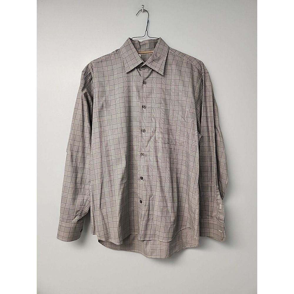 ROBERT TALBOTT Men's Button Up Shirt Blue‎ Gray Gold Plaid 100% Cotton